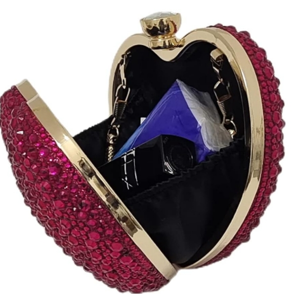 Fuchsia Pink Heart Shape Purse Sparkling Crystal Clutch Crossbody Bag Long Chain